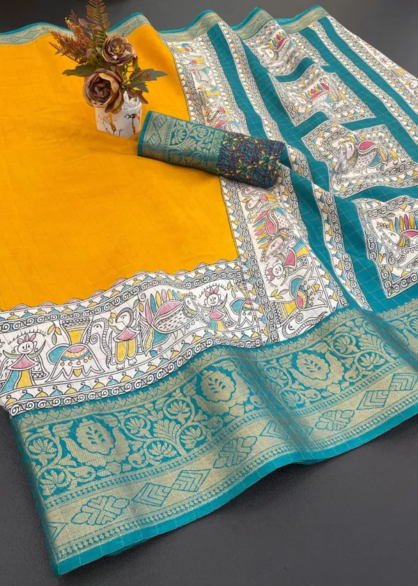 Yellow_Designer_Freehand_Dola_Silk_Saree_For_Women
