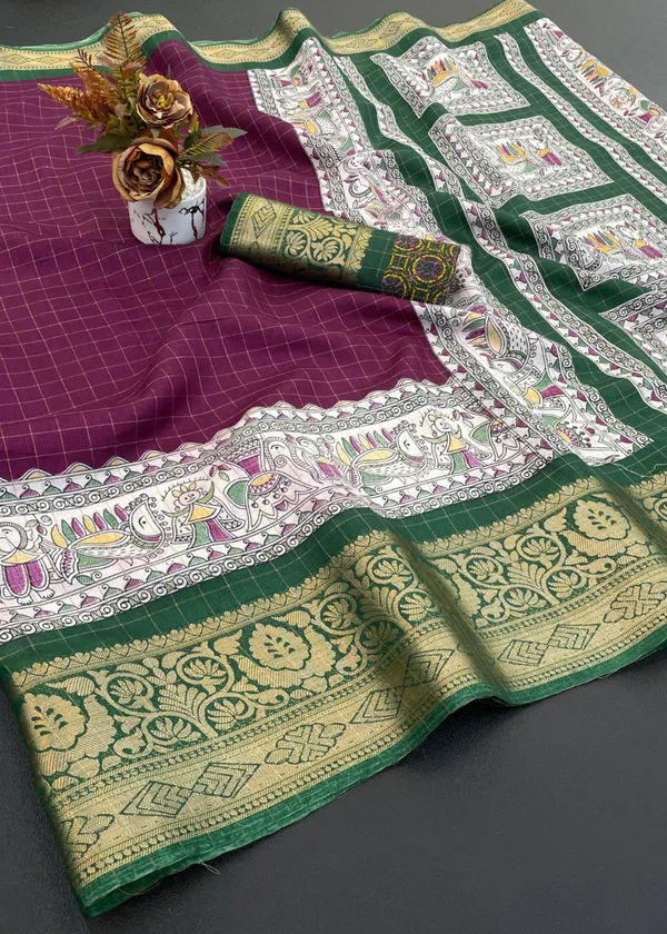 Magenta_Designer_Freehand_Dola_Silk_Saree_For_Women