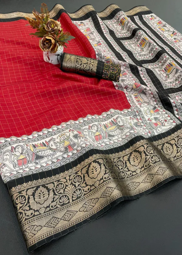 Red_Designer_Freehand_Dola_Silk_Saree_For_Women