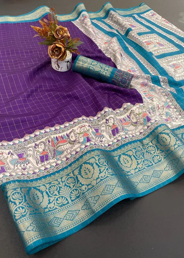 Dark_Purple_Designer_Freehand_Dola_Silk_Saree_For_Women