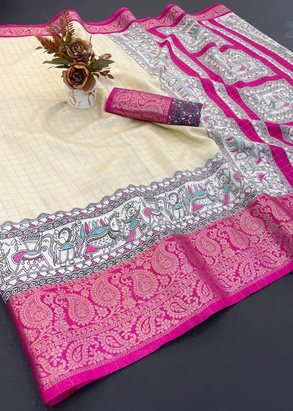 Off_White_Designer_Freehand_Dola_Silk_Saree_For_Women