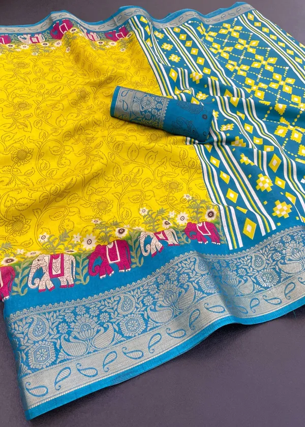 Yellow_Designer_Freehand_Dola_Jacquard_Border_Silk_Saree_For_Women