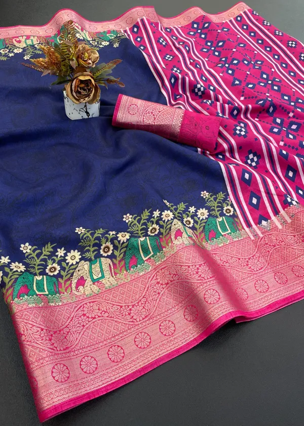 Dark_Blue_Designer_Freehand_Dola_Silk_Jacquard_Border_Saree_For_Women