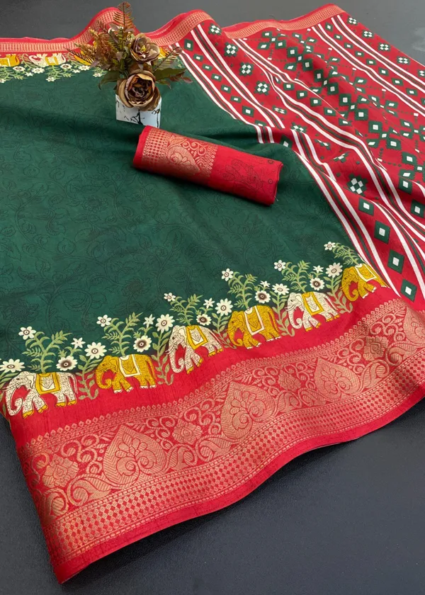 Dark_Green_Designer_Freehand_Dola_Silk_Saree_Jacquard_Border_For_Women