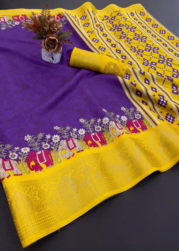 Dark_Purple_Designer_Jacquard_Border_Freehand_Dola_Silk_Saree_For_Women