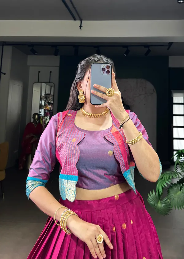 Dark_Green_Banjaran_Zari_Weaving_Poly_Cotton_Lehenga_Set_Blouse_And_Koti_5_Meter_Flair_For_Women