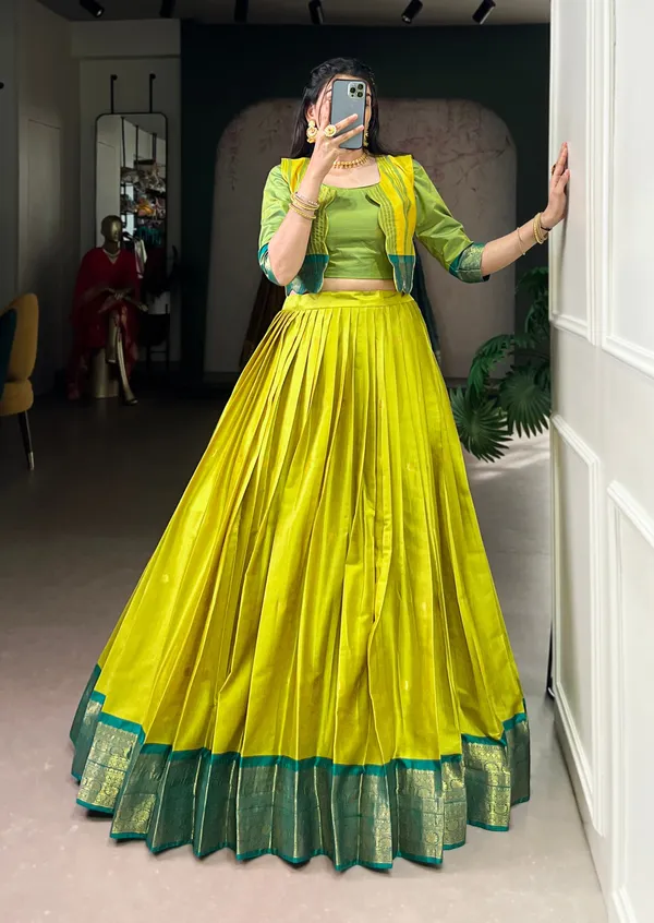 Dark_Green_Banjaran_Zari_Weaving_Poly_Cotton_Lehenga_Set_Blouse_And_Koti_5_Meter_Flair_For_Women