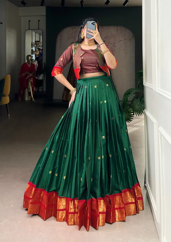 Dark_Green_Banjaran_Zari_Weaving_Poly_Cotton_Lehenga_Set_Blouse_And_Koti_5_Meter_Flair_For_Women