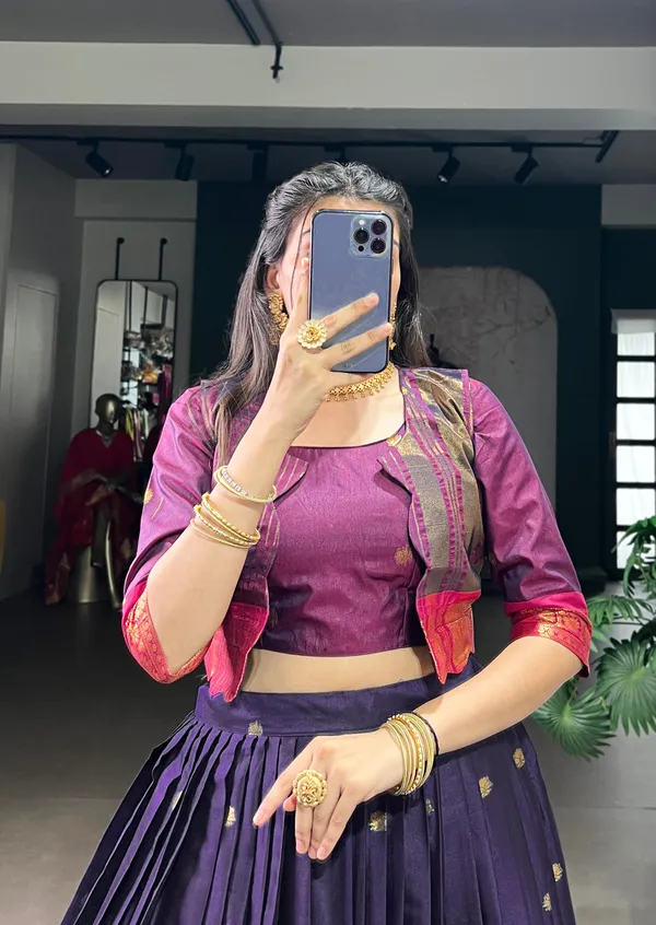Dark_Green_Banjaran_Zari_Weaving_Poly_Cotton_Lehenga_Set_Blouse_And_Koti_5_Meter_Flair_For_Women