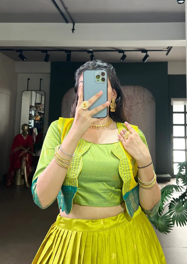 Dark_Green_Banjaran_Zari_Weaving_Poly_Cotton_Lehenga_Set_Blouse_And_Koti_5_Meter_Flair_For_Women