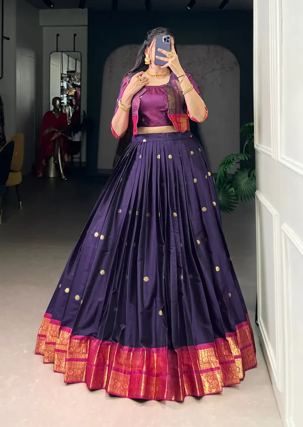Dark_Blue_Banjaran_Zari_Weaving_Blouse_And_Koti_5_Meter_Flair_Poly_Cotton_Lehenga_Set_For_Women