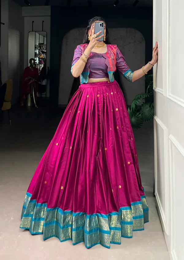Dark_Blue_Banjaran_Zari_Weaving_Blouse_And_Koti_5_Meter_Flair_Poly_Cotton_Lehenga_Set_For_Women