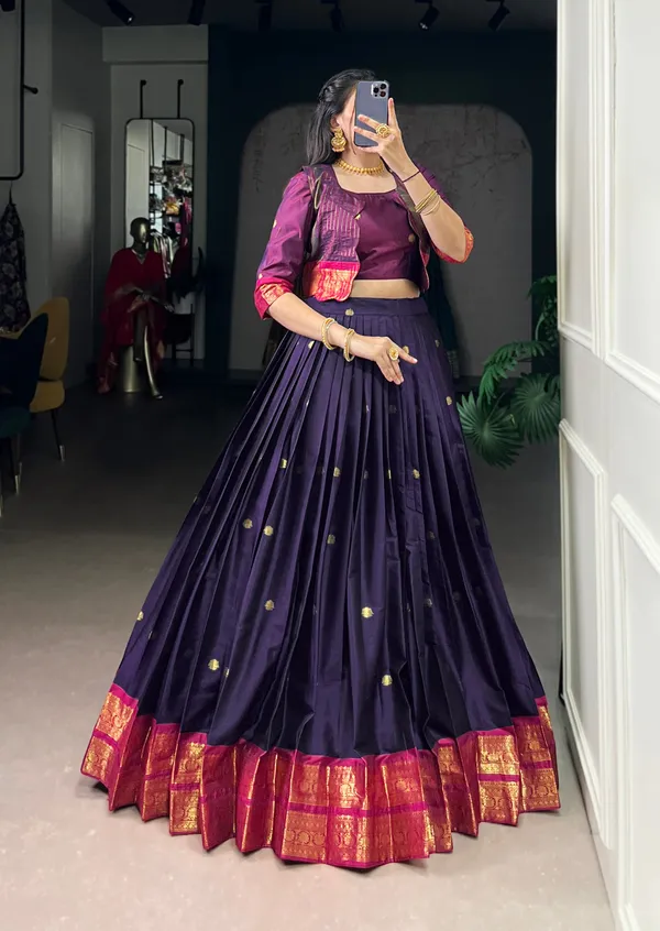 Dark_Blue_Banjaran_Zari_Weaving_Blouse_And_Koti_5_Meter_Flair_Poly_Cotton_Lehenga_Set_For_Women
