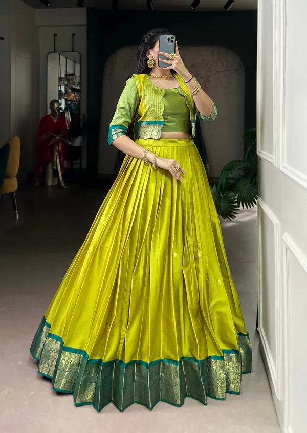 Parrot_Banjaran_Zari_Weaving_Poly_Cotton_Blouse_And_Koti_5_Meter_Flair_Lehenga_Set_For_Women