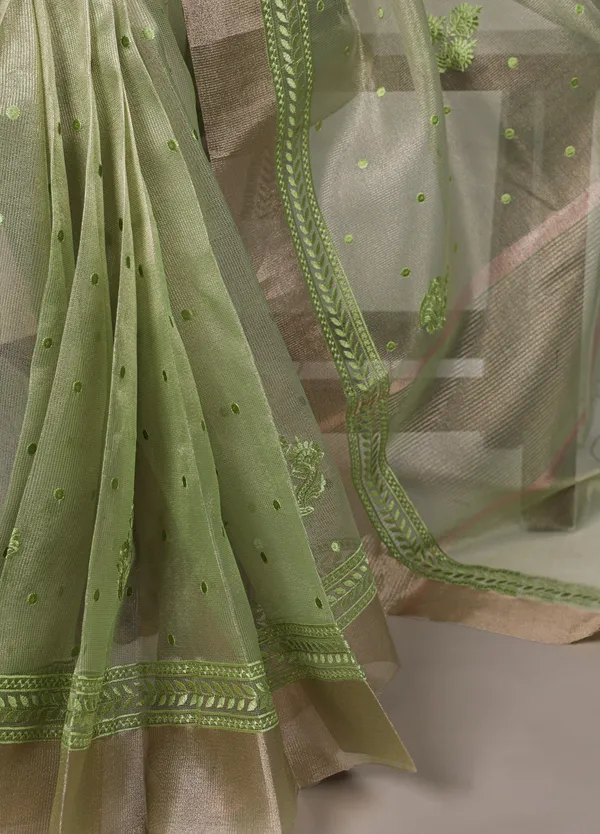 Green_Lightweight_Party_Wear_Shine_Pista_Poly_Shimmer_Thread_Embroidery_Saree_For_Women