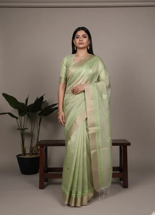 Green_Lightweight_Party_Wear_Shine_Pista_Poly_Shimmer_Thread_Embroidery_Saree_For_Women