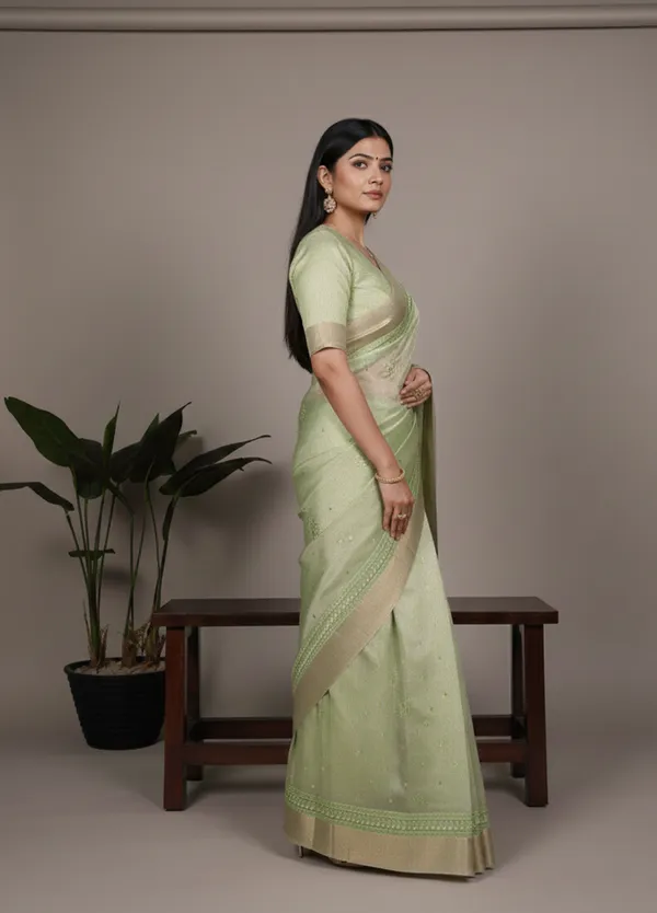 Green_Lightweight_Party_Wear_Shine_Pista_Poly_Shimmer_Thread_Embroidery_Saree_For_Women