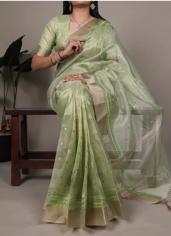 Green_Lightweight_Party_Wear_Shine_Pista_Poly_Shimmer_Thread_Embroidery_Saree_For_Women