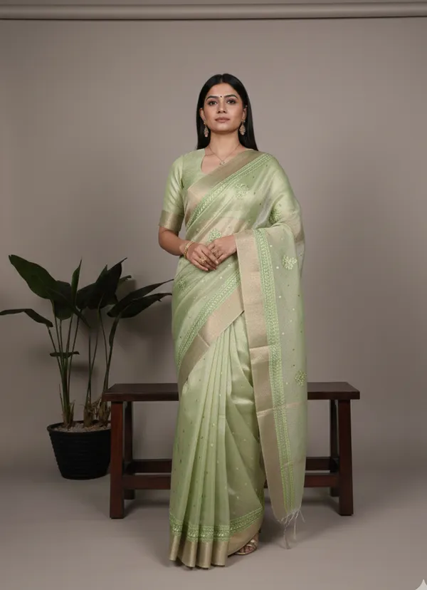 Green_Lightweight_Party_Wear_Shine_Pista_Poly_Shimmer_Thread_Embroidery_Saree_For_Women