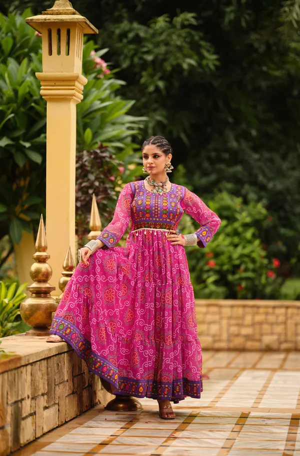 Pink_Premium_Banjaran_Faux_Georgette_Ruffle_Gown_Gamthi_Jacquard_Neck_For_Women