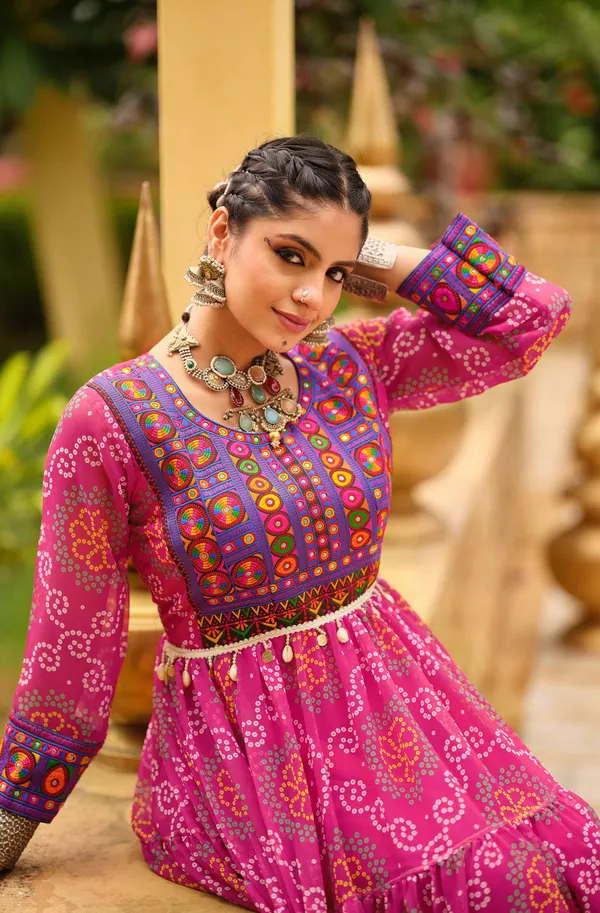 Pink_Premium_Banjaran_Faux_Georgette_Ruffle_Gown_Gamthi_Jacquard_Neck_For_Women
