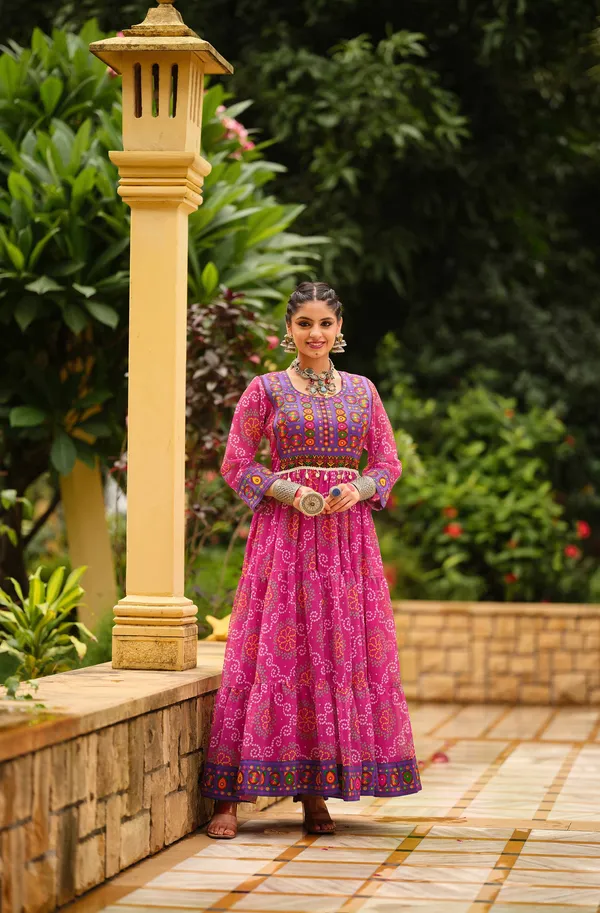 Pink_Premium_Banjaran_Faux_Georgette_Ruffle_Gown_Gamthi_Jacquard_Neck_For_Women