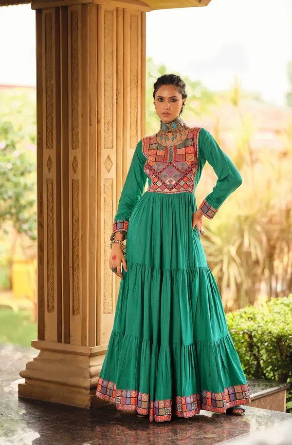 Emerald_Green_Premium_Banjaran_Rayon_Ruffle_Gown_Gamthi_Jacquard_Neck_For_Women