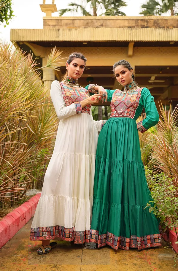 Emerald_Green_Premium_Banjaran_Rayon_Ruffle_Gown_Gamthi_Jacquard_Neck_For_Women