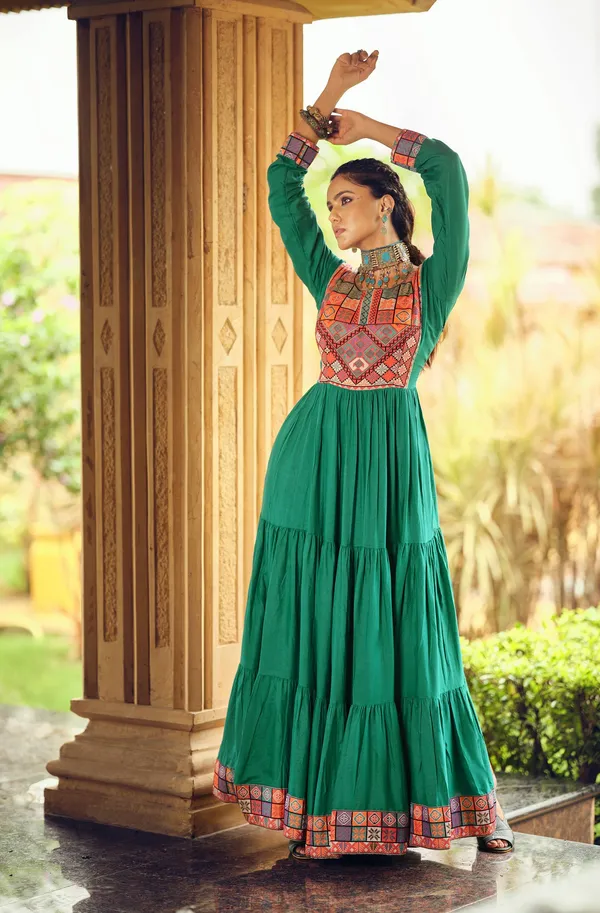Pista_Green_Premium_Banzaran_Rayon_Ruffle_Gown_Gamthi_Jacquard_Neck_For_Women