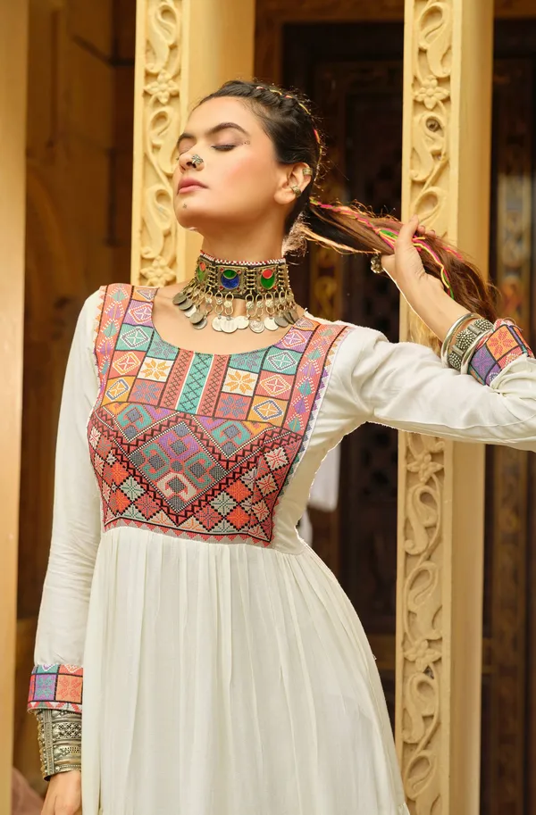 Pista_Green_Premium_Banzaran_Rayon_Ruffle_Gown_Gamthi_Jacquard_Neck_For_Women