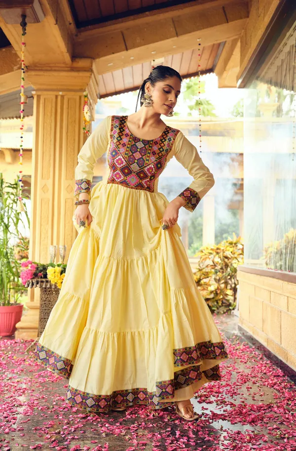 Yellow_Premium_Banjaran_Pure_Cotton_Gamthi_Jacquard_Neck_Ruffle_Gown_For_Women