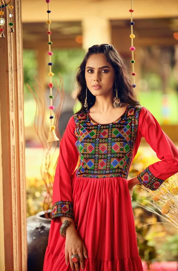 Yellow_Premium_Banjaran_Pure_Cotton_Gamthi_Jacquard_Neck_Ruffle_Gown_For_Women