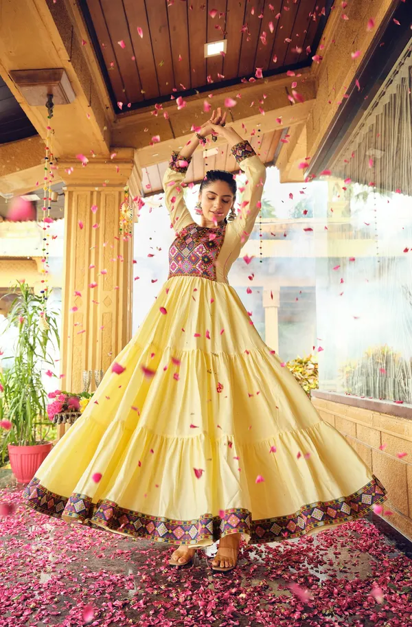 Yellow_Premium_Banjaran_Pure_Cotton_Gamthi_Jacquard_Neck_Ruffle_Gown_For_Women
