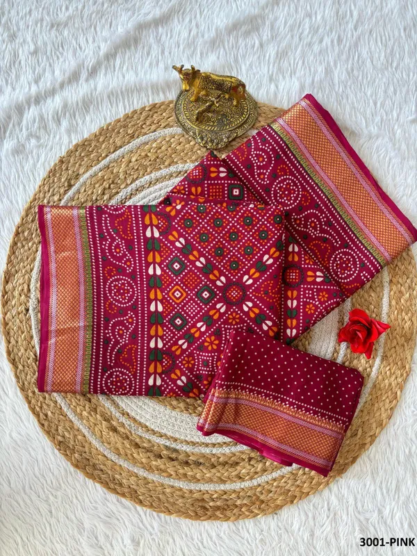 Rani_Pink_Premium_Banjaran_Bandhani_Printed_Chatai_Border_Cotton_Saree_For_Women