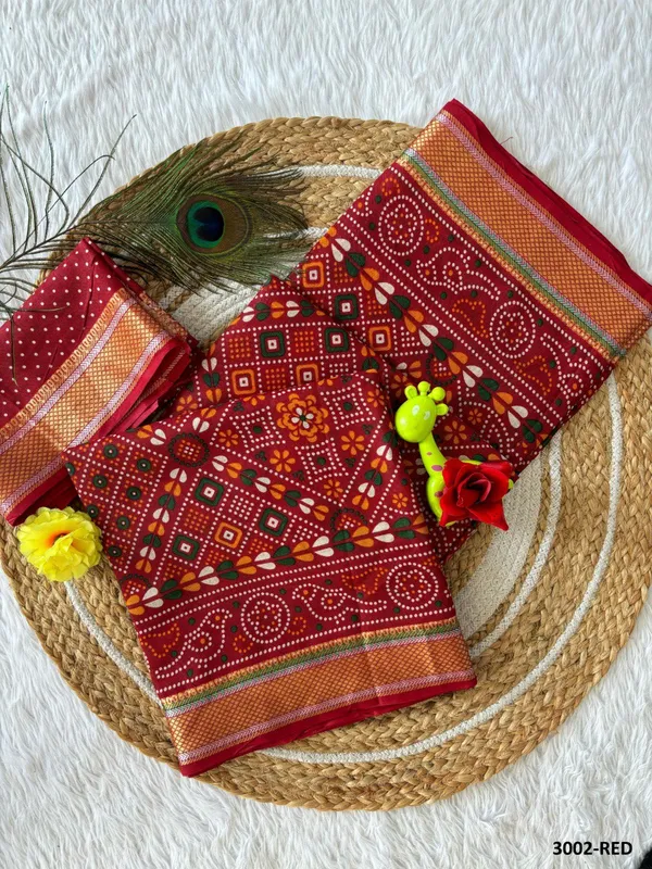 Red_Premium_Banjaran_Bandhani_Printed_Chatai_Border_Cotton_Saree_For_Women