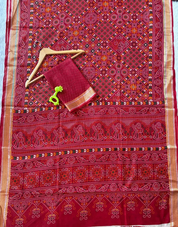 Red_Premium_Banjaran_Bandhani_Printed_Chatai_Border_Cotton_Saree_For_Women