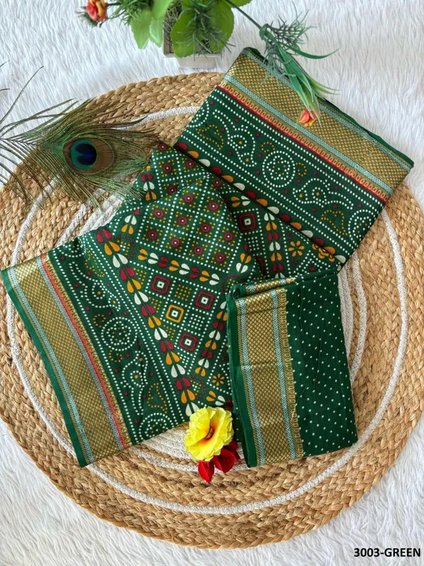 Emerald_Green_Premium_Banjaran_Bandhani_Printed_Chatai_Border_Cotton_Saree_For_Women