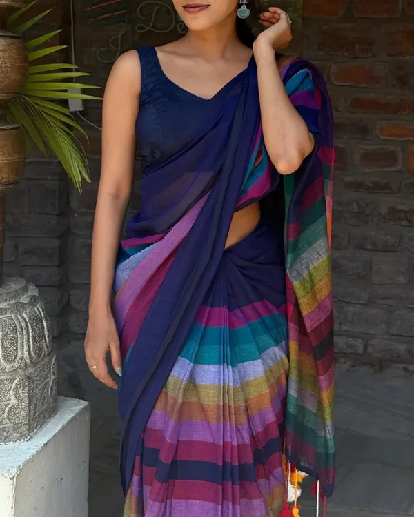 Blue_Premium_Banjaran_Linen_Hd_Digital_Print_And_Handmade_Zalar_Finish_Cotton_Saree_For_Women