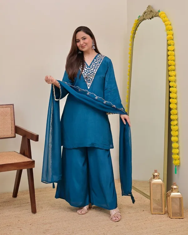 Dark_Blue_Premium_Banzaran_Festive_Wear_Fox_Georgette_Real_Mirror_Embroidered_Sharara_Set_For_For_Women