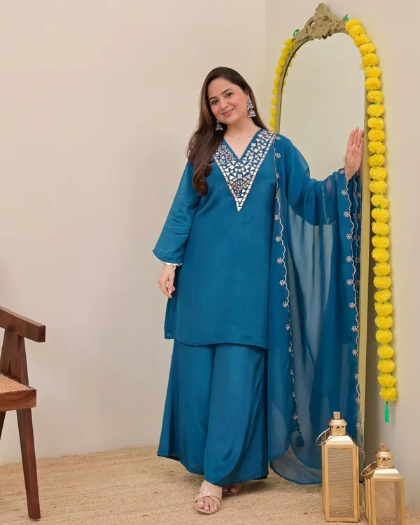 Dark_Blue_Premium_Banzaran_Festive_Wear_Fox_Georgette_Real_Mirror_Embroidered_Sharara_Set_For_For_Women