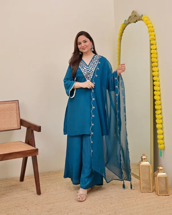 Dark_Blue_Premium_Banzaran_Festive_Wear_Fox_Georgette_Real_Mirror_Embroidered_Sharara_Set_For_For_Women