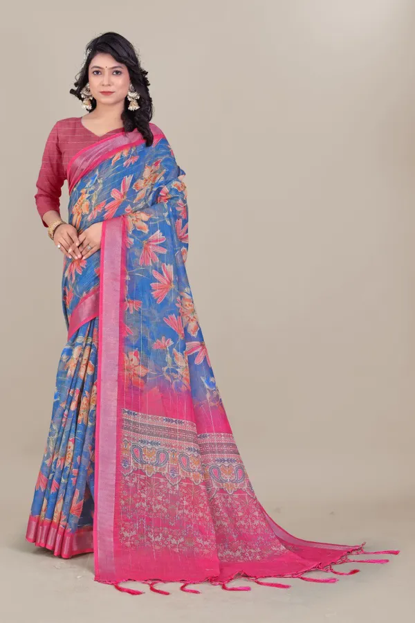 Multicolor_Pure_Linen_Lurex_Jari_Line_Zari_Borders_Cotton_Saree_For_Women