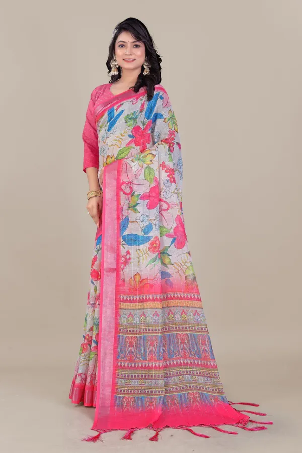 Multicolor_Pure_Linen_Cotton_All_Over_Silver_Lurex_Jari_Line_Silver_Zari_Borders_Saree_For_Women