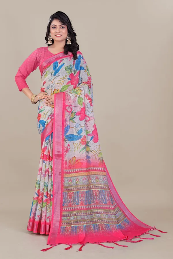 Multicolor_Pure_Linen_Cotton_All_Over_Silver_Lurex_Jari_Line_Silver_Zari_Borders_Saree_For_Women