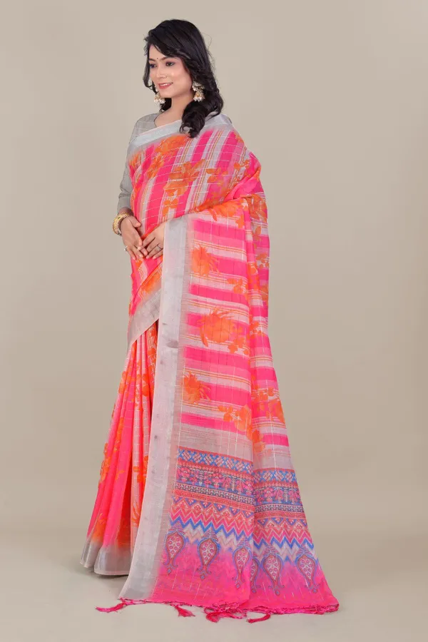 Multicolor_Pure_Linen_Cotton_All_Over_Lurex_Jari_Line_Zari_Borders_Saree_For_Women