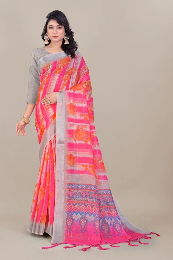 Multicolor_Pure_Linen_Cotton_All_Over_Lurex_Jari_Line_Zari_Borders_Saree_For_Women