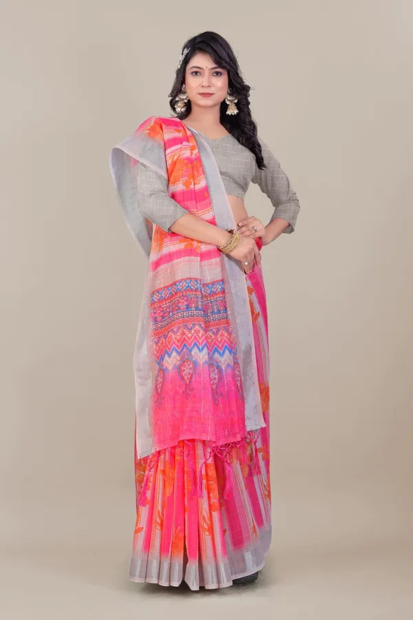 Multicolor_Pure_Linen_Cotton_All_Over_Lurex_Jari_Line_Zari_Borders_Saree_For_Women