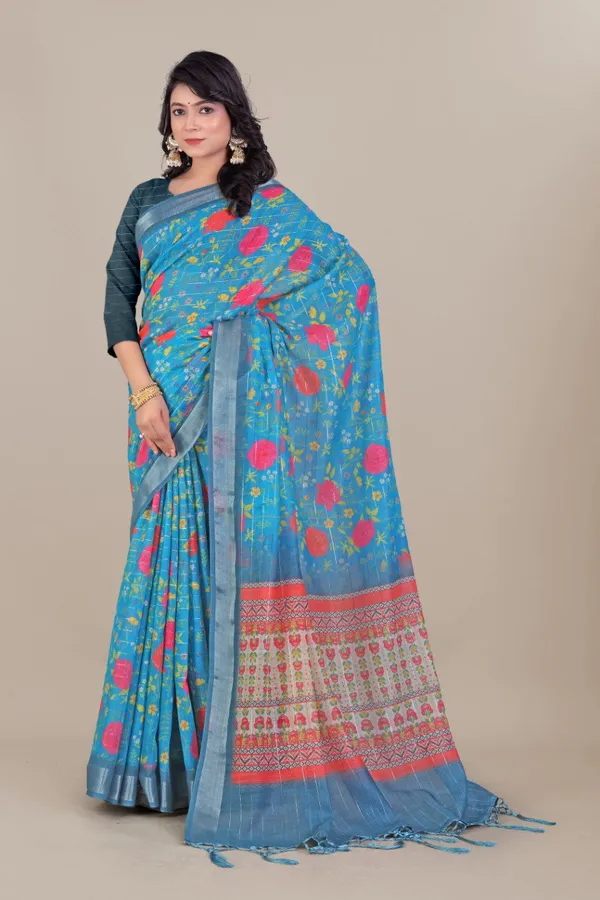 Multicolor_Pure_Linen_Cotton_All_Over_Silver_Lurex_Jari_Line_Silver_Zari_Borders_For_Women