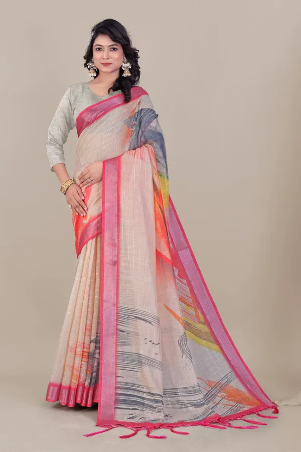 Multicolor_Pure_Linen_Cotton_All_Over_Silver_Lurex_Jari_Line_Silver_Zari_Borders_Saree_For_Women