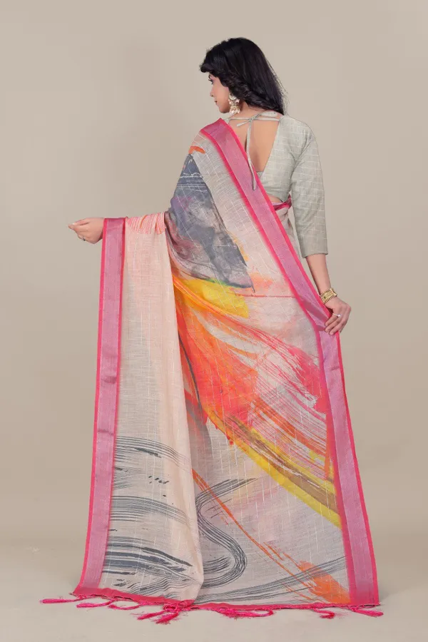 Multicolor_Pure_Linen_Cotton_All_Over_Silver_Lurex_Jari_Line_Silver_Zari_Borders_Saree_For_Women